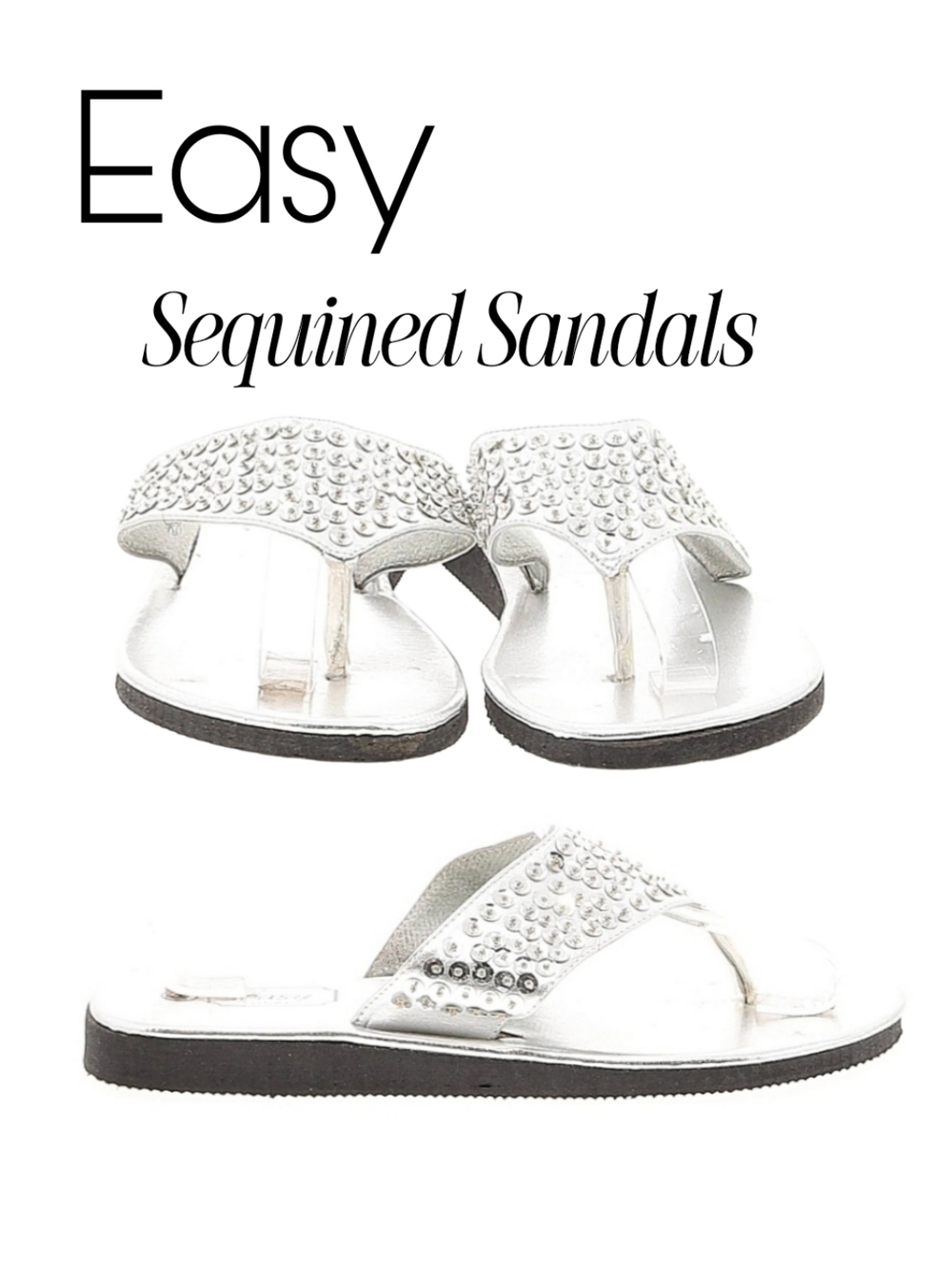 EASY Silver Studded Toe-Post Sandals - TSTRAP THONG FLIP FLOP sequined. 8 - Picture 1 of 4